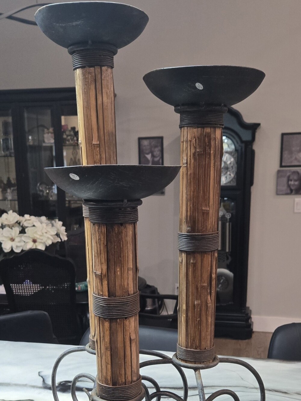 Vintage Bamboo and Wrought Iron Pillar Candle Holders Set of 3 MCM Boho